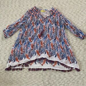 Roller Rabbit Serafina Nautical Sea Life Print Tunic Tassels 3/4 Sleeve SZ Large